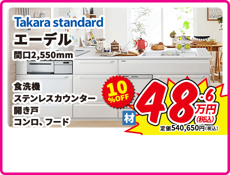 Takara standard エーデル 開口2,550mm 食洗機 ステンレスカウンター 開き戸 コンロフード
