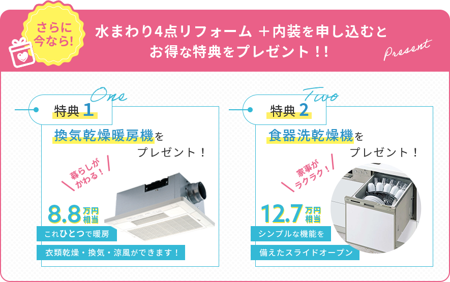 水まわり4点リフォーム+内装を申し込むとお得な特典をプレゼント