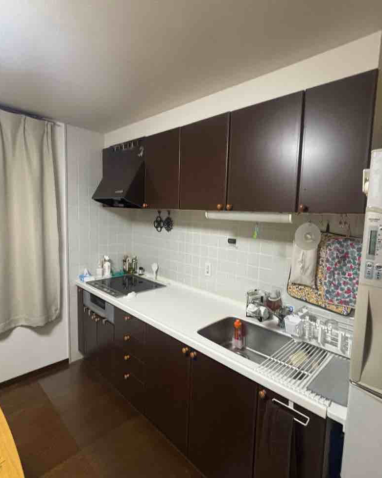 キッチンの扉の色が暗めで古めかしい感じがしました。
開き戸の収納は、奥の方までは使いづらい感じでした。