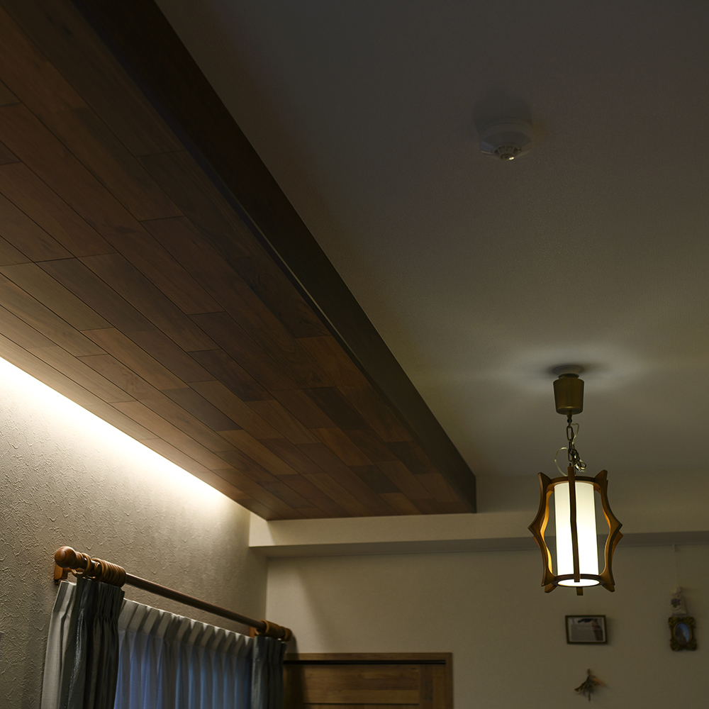 LDKの天井には床材と同じ木材を施工